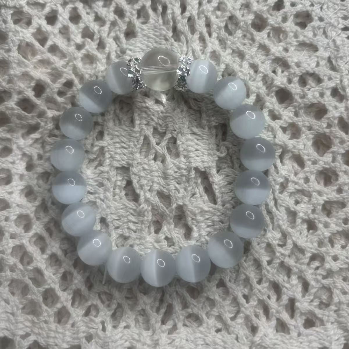 Grey Cat Eye Bead Stretch Bracelet, Minimal Gray Translucent Wrist Adornment