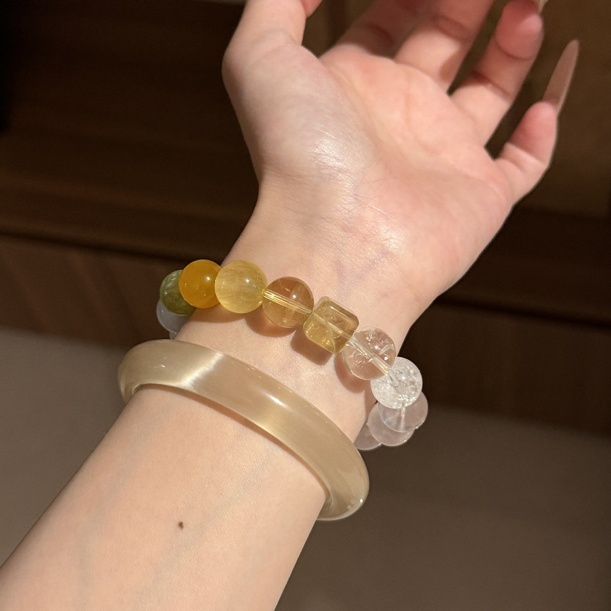 Multi‑Tone Mixed Round & Cube Bead Stretch Bracelet Purple Yellow Green Clear Mixed Beaded Bracelet For Women