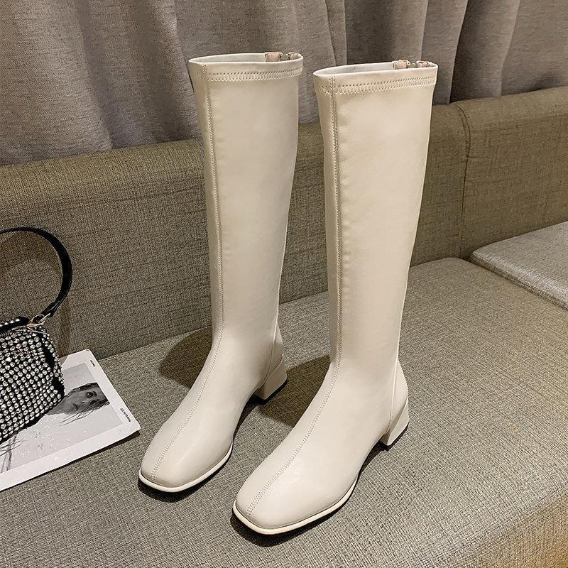 Women's Faux Leather Square Toe Knee High Boots, Back Zipper Stretch Tall Block Heel Boots, Elegant Slim Fit Long Boots Fall Winter Footwear Black Off‑White