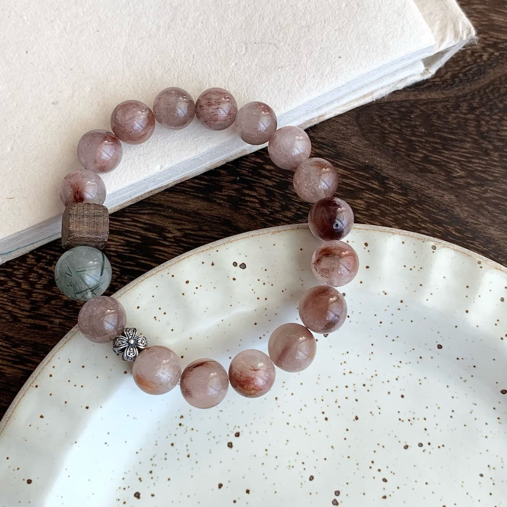 Red Rutilated Quartz Bracelet with Green Rutilated & Agarwood, Minimal Chinese Style Crystal Bracelet