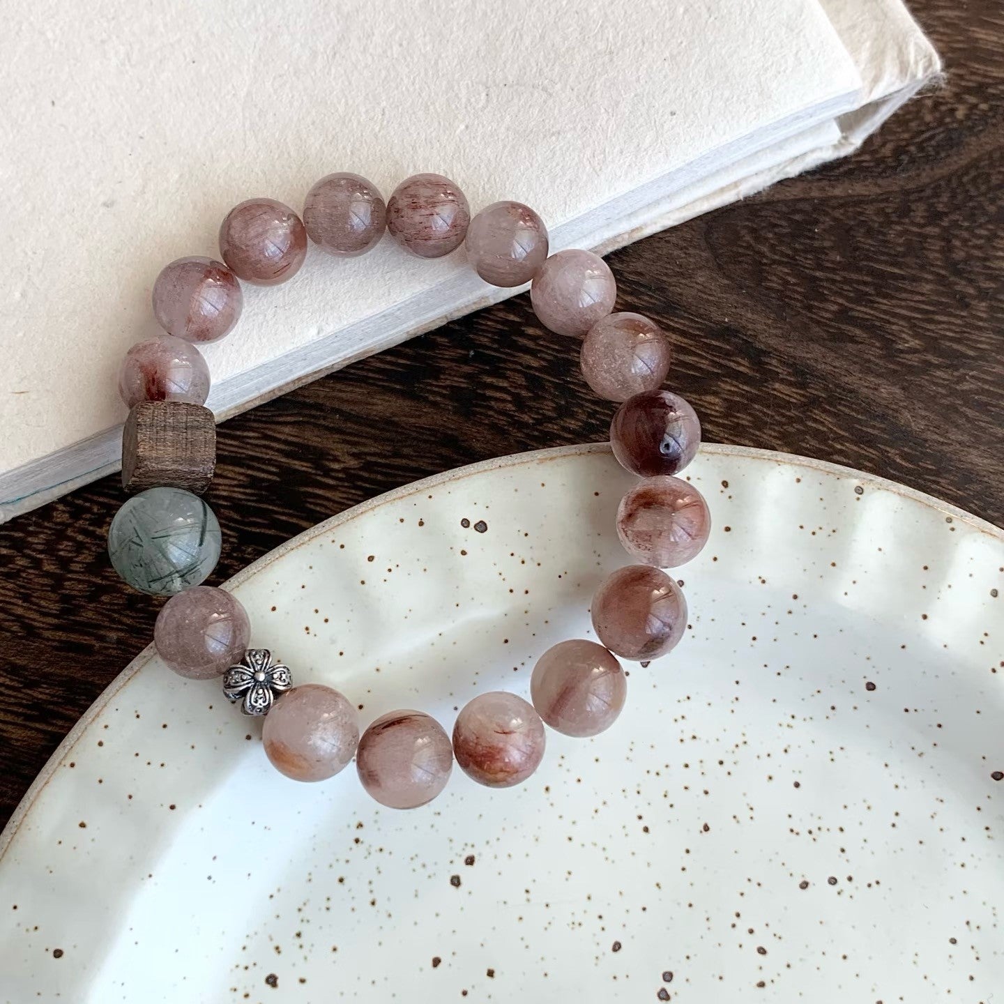 Red Rutilated Quartz Bracelet with Green Rutilated & Agarwood, Minimal Chinese Style Crystal Bracelet