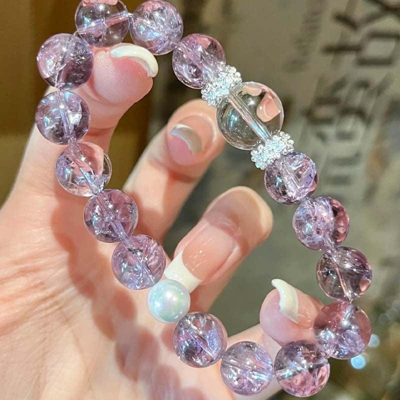 Light Purple Crackle Crystal Bead Stretch Bracelet, Clear Focal Bead with Silver Rhinestone Spacers & Aurora Accent Bead Bracelet for Women