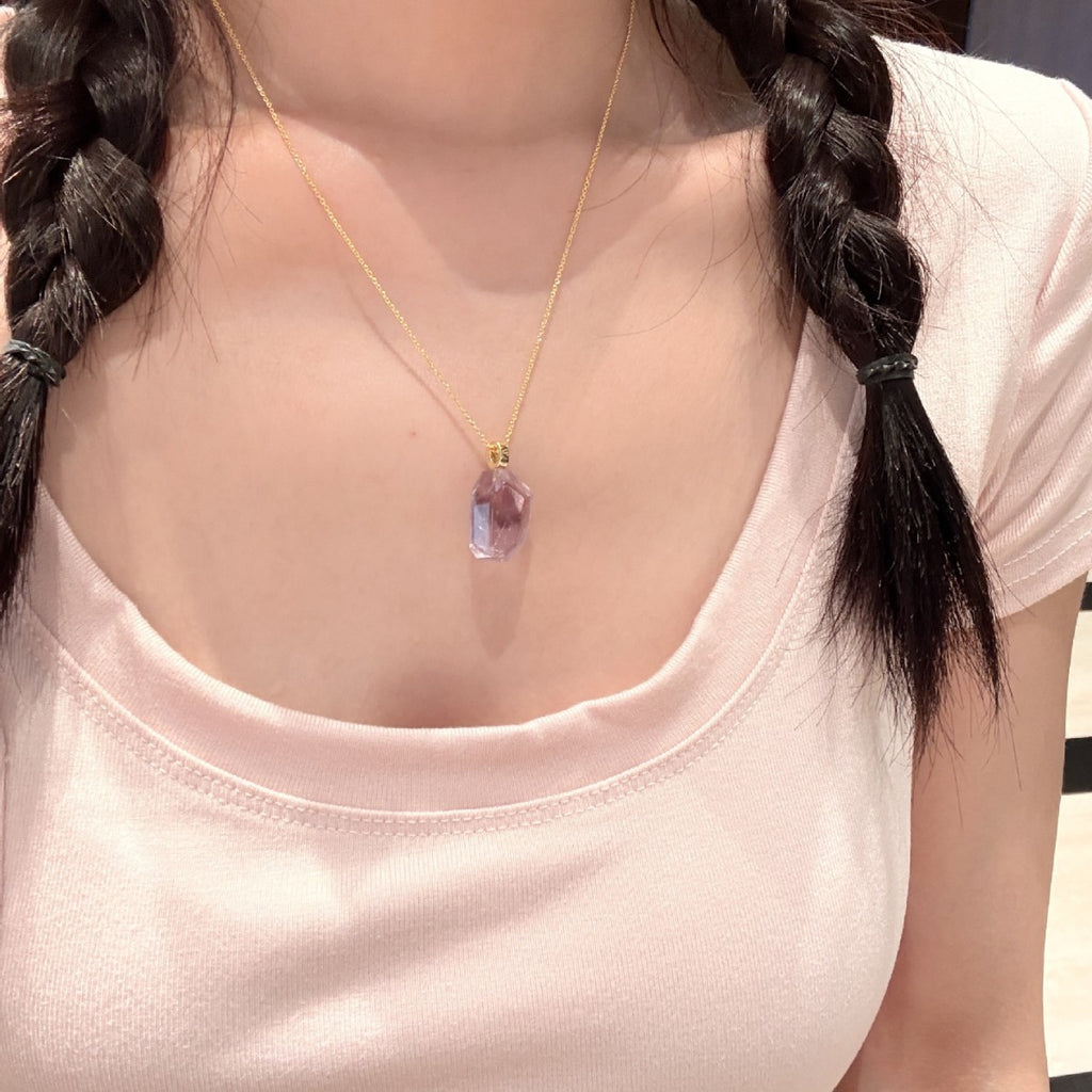 Gold‑Tone Faceted Purple Irregular Pendant Necklace, Light Amethyst Cut Stone Dainty Chain Necklace For Women