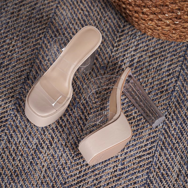 Women's Clear PVC Double‑Strap Platform Mule Sandals, Transparent Acrylic Chunky Block Heel Slides, Nude Square Toe High Heel Party Dress Shoes