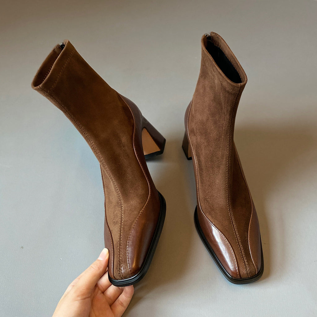 Women's Square Toe Patent Leather Spliced Ankle Boots, Stretch Sock Booties, Chunky Block Heel Back Zip Short Boots, Black Brown Elegant Fall Winter Boots