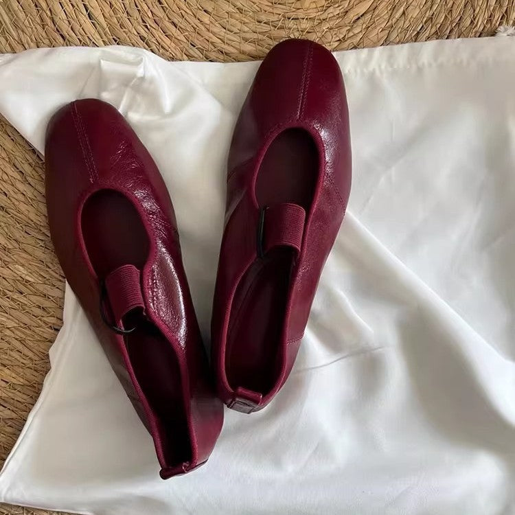Burgundy Mary Jane Ballet Flats, Elastic Strap Round Toe Soft Leather Women Flat Shoes, Vintage Slip‑On Daily Dress Shoes