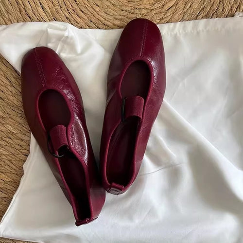 Burgundy Mary Jane Ballet Flats, Elastic Strap Round Toe Soft Leather Women Flat Shoes, Vintage Slip‑On Daily Dress Shoes