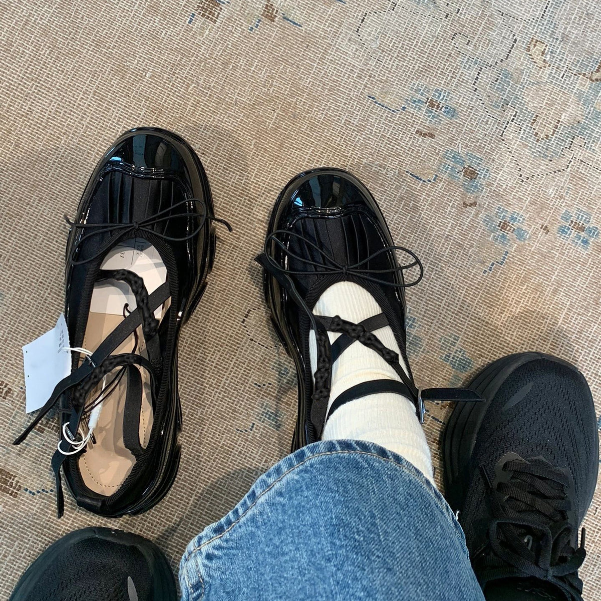 Black Chunky Platform Mary Jane Shoes, Beaded Crisscross Straps Bow Ballet Flats with Thick Sole, Gothic Coquette Footwear for Women