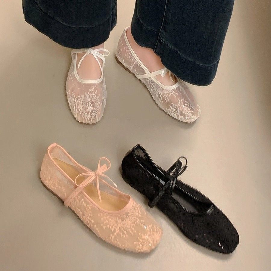Lace Mesh Embroidered Bow Mary Jane Ballet Flats, Square Toe Strappy Flat Shoes, Elegant Breathable Slip‑On Dress Shoes for Women