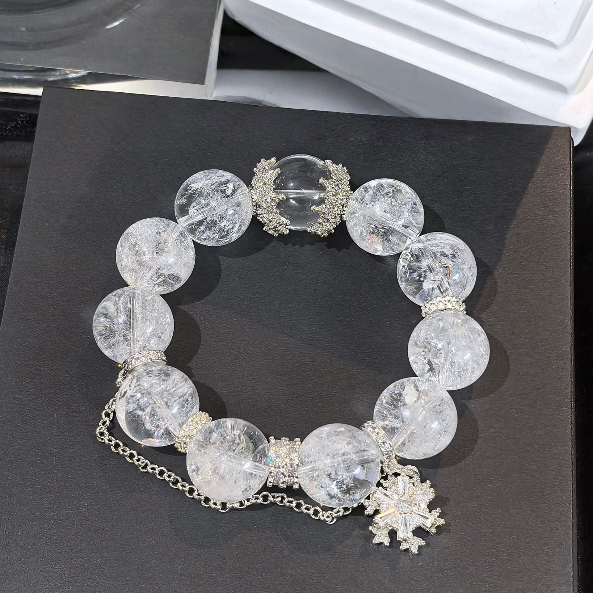 Clear Quartz Beaded Bracelet, Rhinestone Snowflake Charm Stretch Bracelet for Women