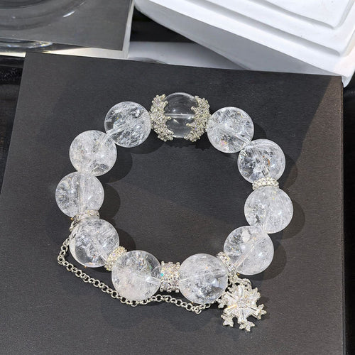 Clear Quartz Beaded Bracelet, Rhinestone Snowflake Charm Stretch Bracelet for Women