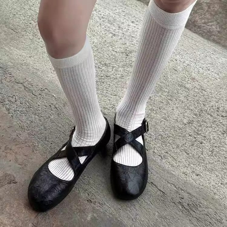 Crinkled Faux Leather Cross‑Strap Mary Jane Flats, Round Toe Buckle Ballet Flat Shoes, Vintage Casual Flat Shoes for Women