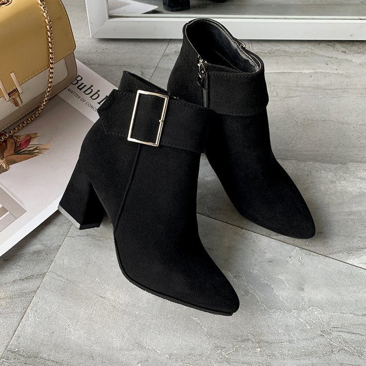 Women's Faux Suede Ankle Boots, Pointed Toe Block Heel Booties with Square Buckle, Side Zipper Chunky Heel Winter Dress Boots, Black Brown Gray Office Casual Footwear