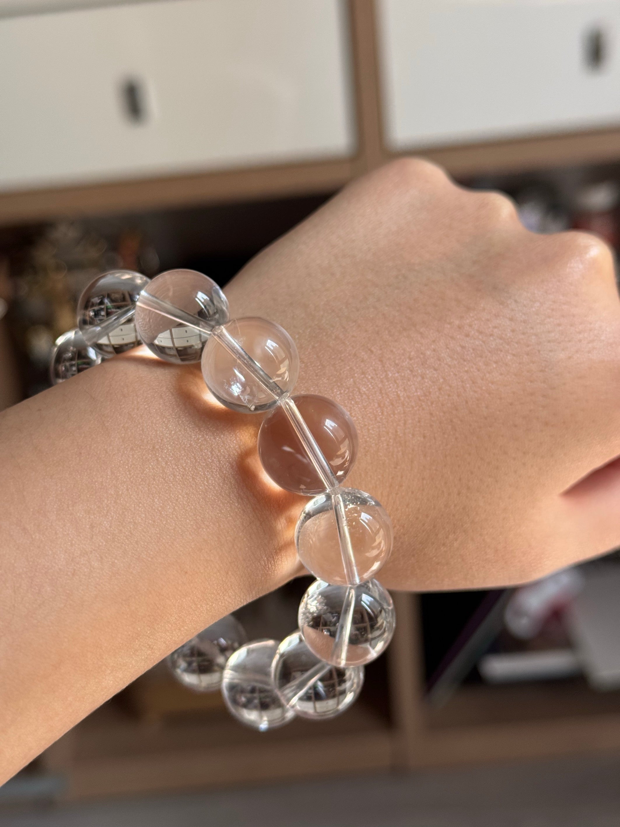 Transparent Clear Round Bead Bracelet, Large Glossy Beaded Wrist Jewelry Daily Minimal Accessory