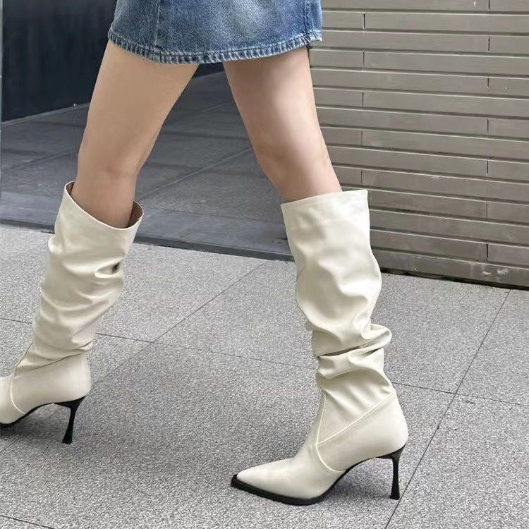 Women's Faux Leather Pointed Toe Knee High Boots, Slouchy Stiletto Heel Tall Boots, Pull On Chunky Thin Heel Dress Boots, Black Off White Khaki Fall Winter Footwear