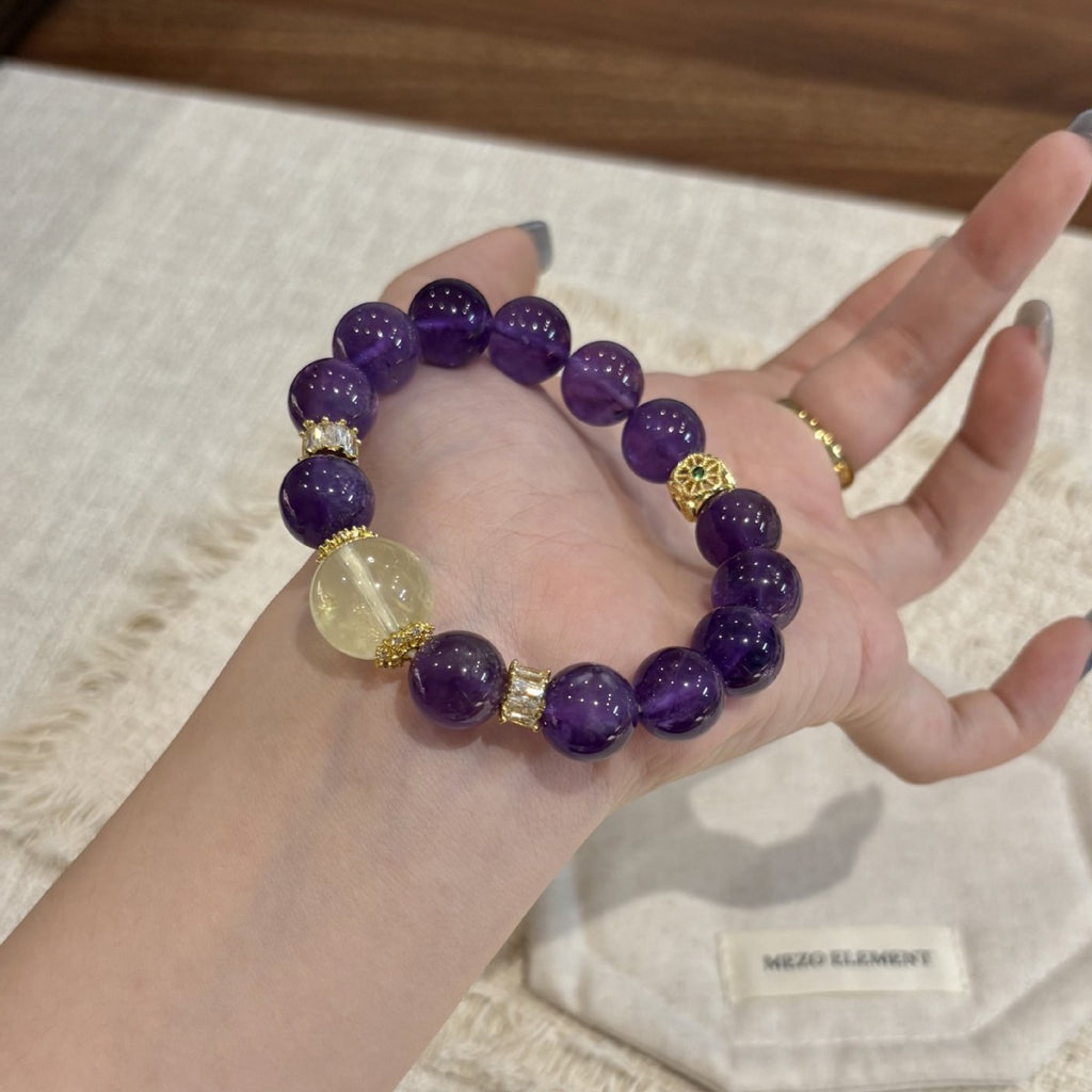 Deep Purple Round Bead Bracelet With Pale Yellow Bead & Gold‑Tone Decorative Spacers Women Elastic Beaded Bracelet