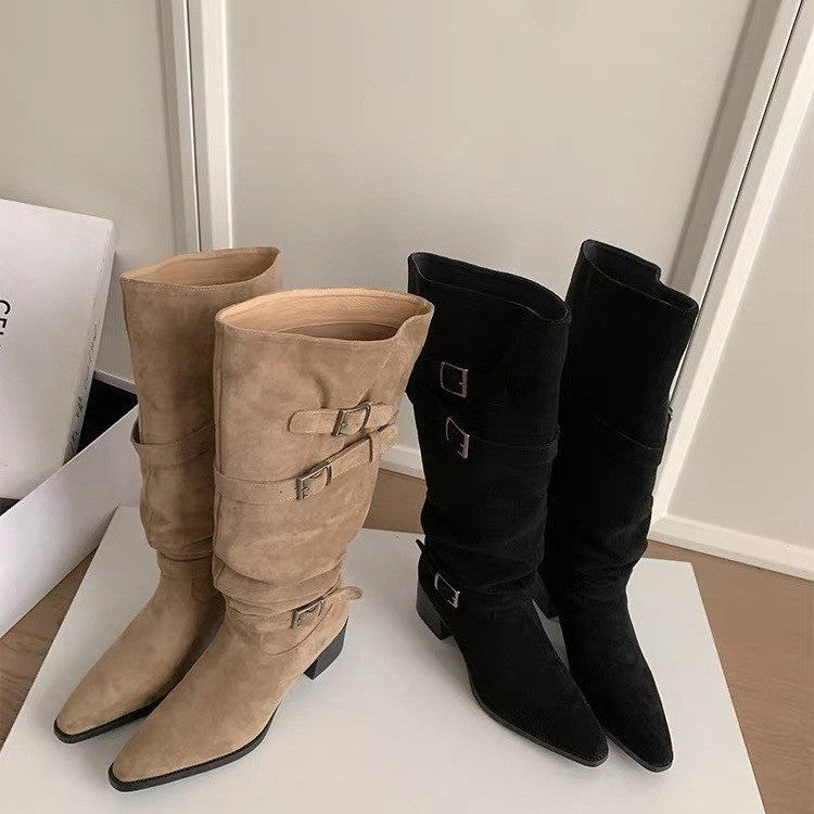 Women's Faux Suede Knee High Slouchy Boots, Multi Buckle Straps Pointed Toe Block Heel Western Boots, Pull On Chunky Heel Cowgirl Boots, Khaki Black Fall Winter Footwear