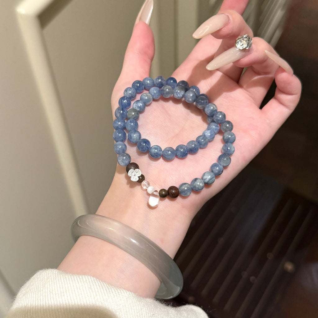 Double‑Strand Mottled Blue Beaded Stretch Bracelet With Wood Beads & Silver‑Tone Flower Charm For Women