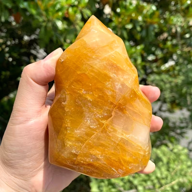Golden Yellow Quartz Flame Tower, Polished Freeform Crystal Ornament for Table Display & Collection