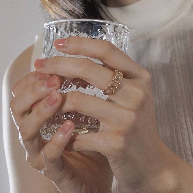 Hand-Wrapped Adjustable Open Ring, Champagne Faceted Beads Wide Band Ring