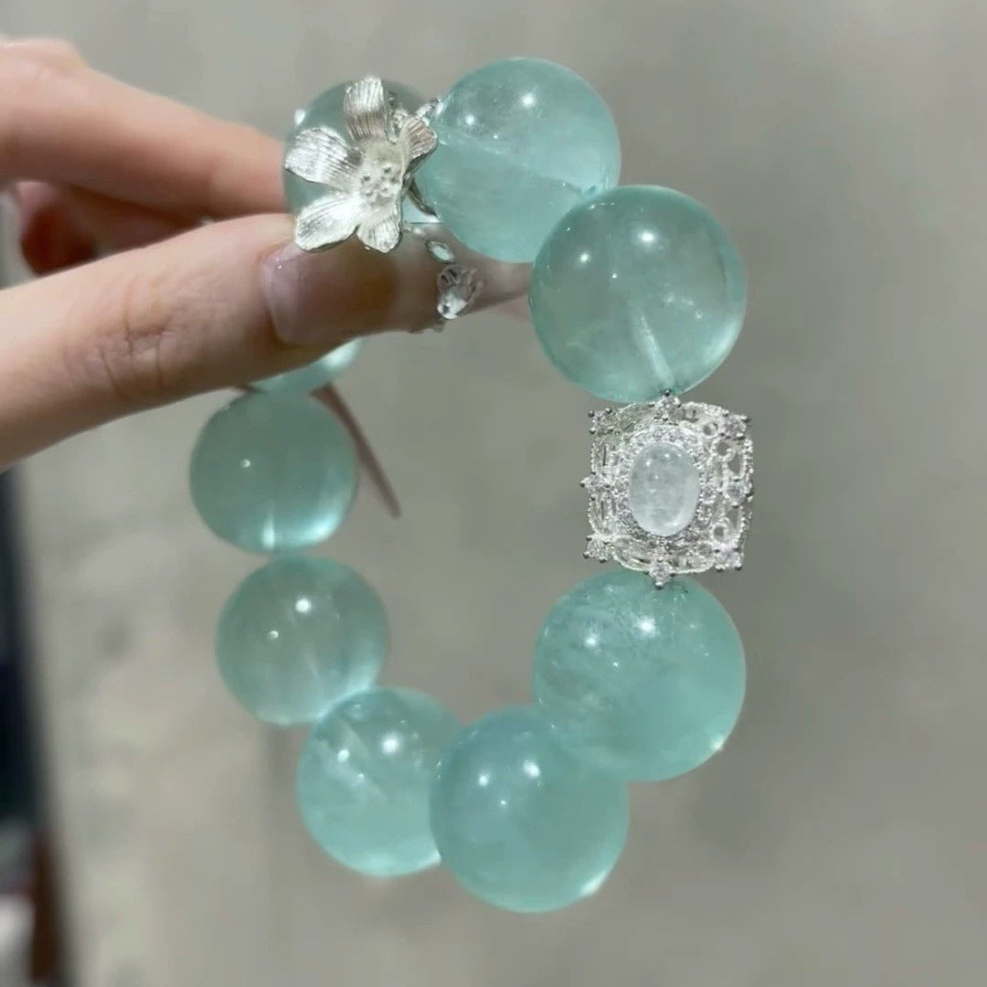 Mint Transparent Crystal Bead Stretch Bracelet, Vintage Silver Floral Wrist Adornment