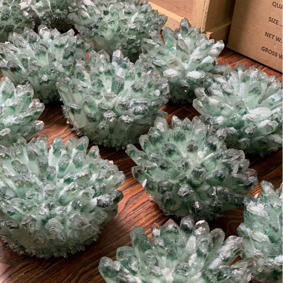 Green Phantom Quartz Crystal Cluster, Decorative Mineral Geode Specimen for Table Display & Collection