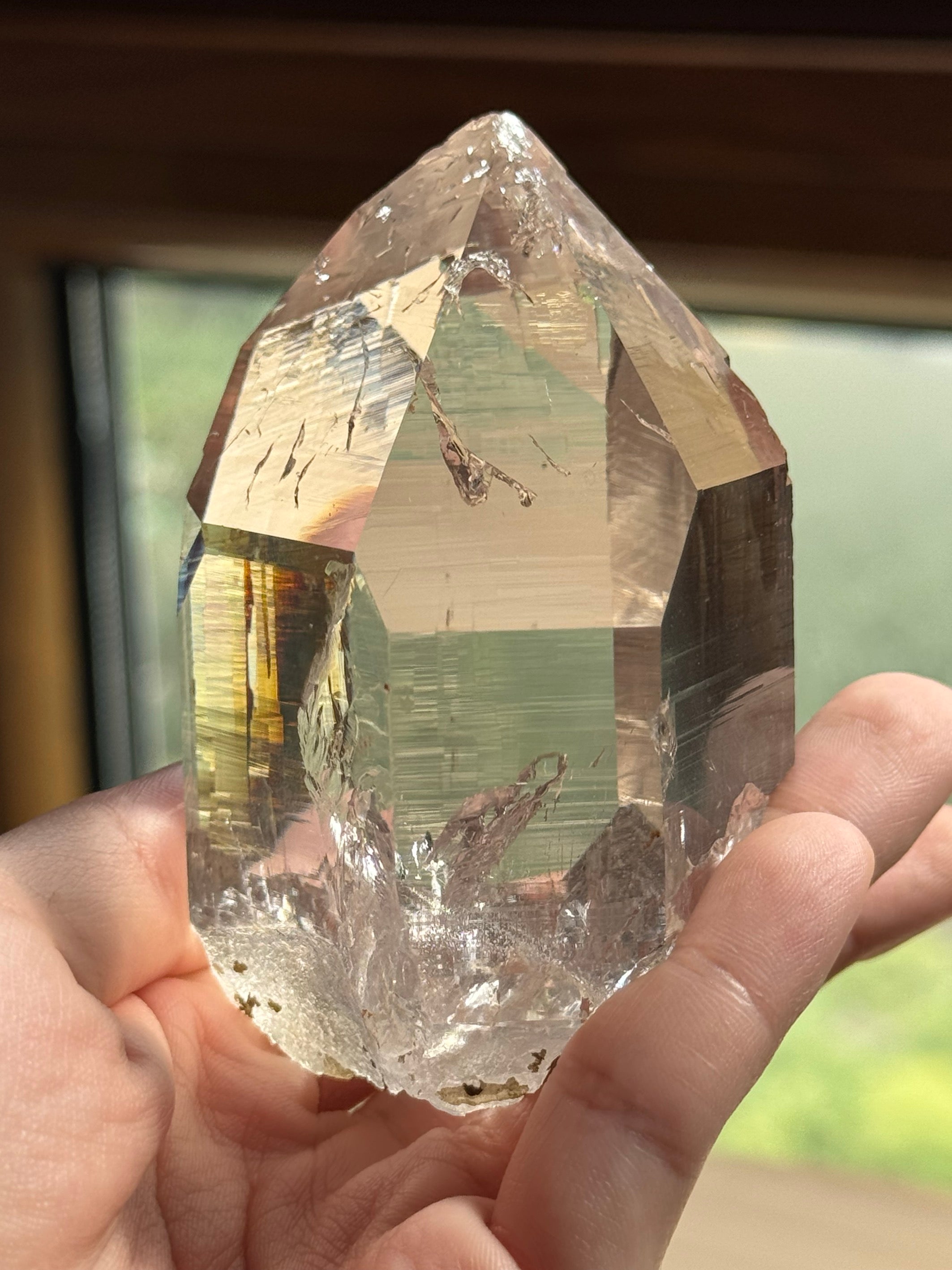 Smoky Toned Clear Crystal Tower Specimen, Horizontal Linear Vein Faceted Crystal Point Desktop Display Ornament