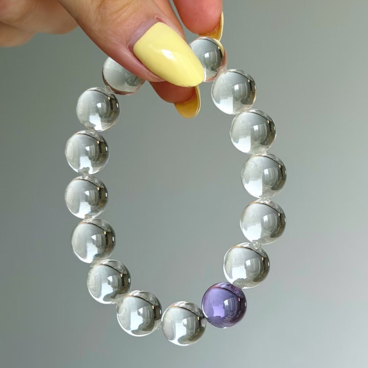 Clear Round Bead Stretch Bracelet With Single Purple Accent Bead, Minimalist Transparent Wrist Jewelry