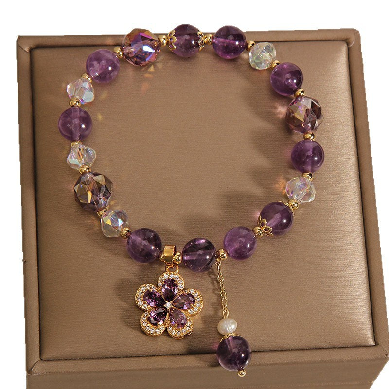 Purple Crystal Beaded Stretch Bracelet, Gold‑Tone Flower Charm with Pearl Tassel Women Fashion Wrist Jewelry