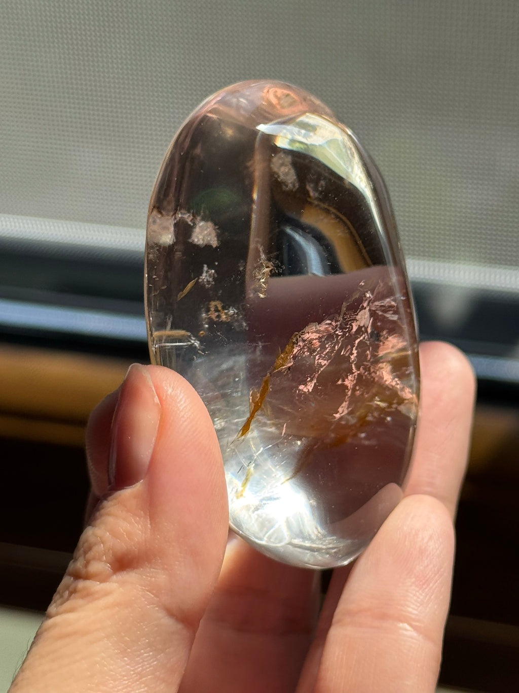 Polished Oval Clear Crystal Palm Stone with Golden Rutile Thread Inclusion, Smooth Handheld Pocket Mini Decor Specimen