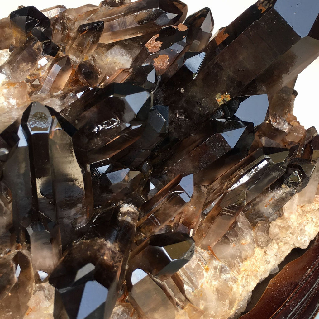 Dark Smoky Black Crystal Cluster Specimen, Polished Hexagonal Prism Display Decor With Wooden Base