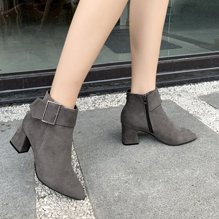 Women's Faux Suede Ankle Boots, Pointed Toe Block Heel Booties with Square Buckle, Side Zipper Chunky Heel Winter Dress Boots, Black Brown Gray Office Casual Footwear