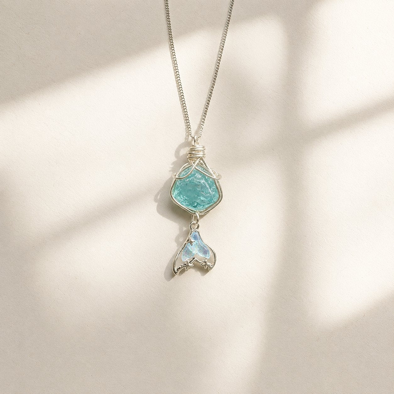 Hand Wire Wrapped Aqua Blue Stone Pendant Necklace, Mermaid Tail Charm Ocean Theme Silver Chain Necklace