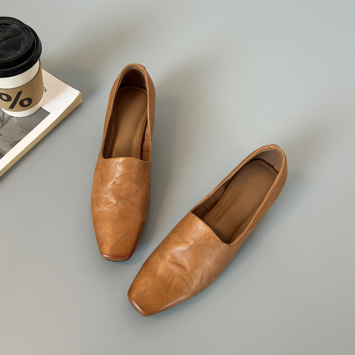 Square Toe V‑Cut Wedge Loafer Pumps, Soft Leather Slip‑On Low Wedge Heel Dress Shoes for Women