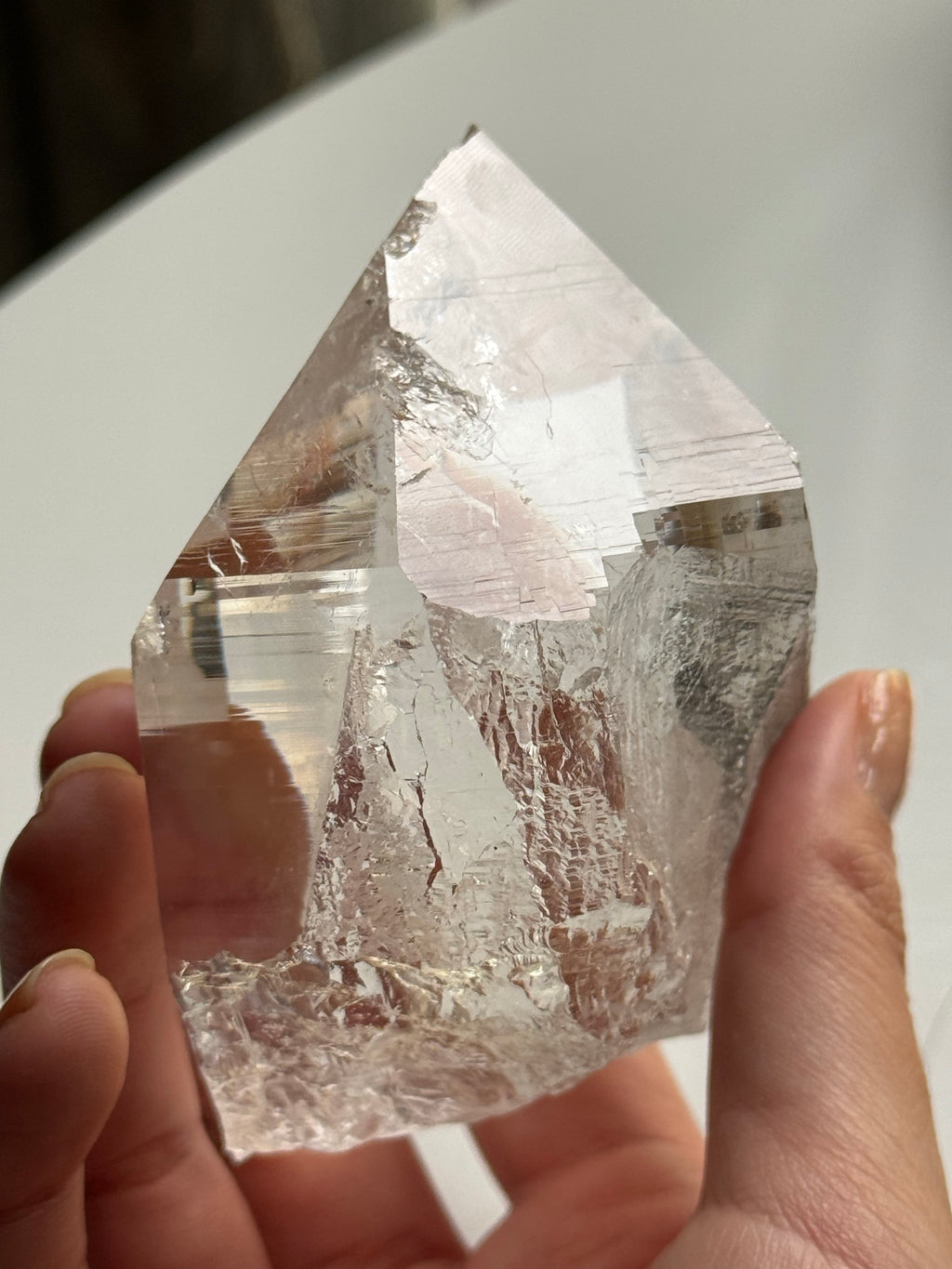 Clear Quartz Point Ornament with Polished Wooden Display Base, Transparent Crystal Tabletop Decor for Home & Office