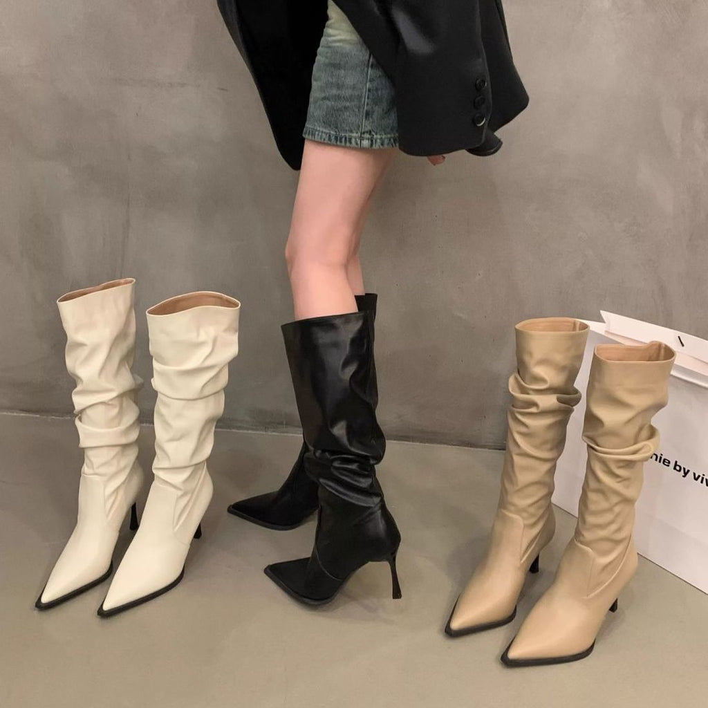 Women's Faux Leather Pointed Toe Knee High Boots, Slouchy Stiletto Heel Tall Boots, Pull On Chunky Thin Heel Dress Boots, Black Off White Khaki Fall Winter Footwear