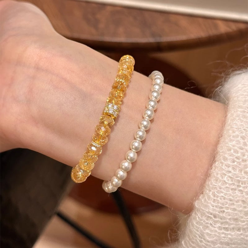 Faceted Wheel‑Cut Yellow Crystal Stretch Bracelet, Pave Crystal Spacer Bead Stackable Wrist Jewelry for Women