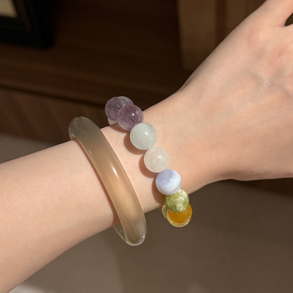 Multi‑Tone Mixed Round & Cube Bead Stretch Bracelet Purple Yellow Green Clear Mixed Beaded Bracelet For Women