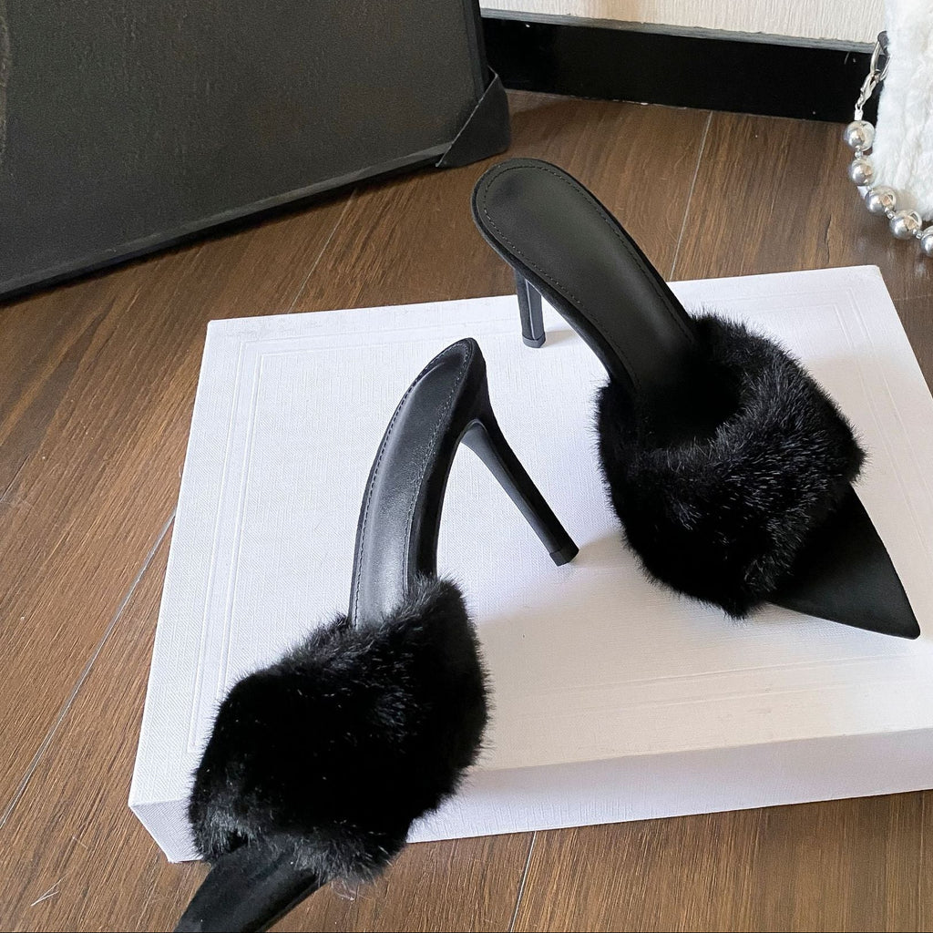 Women's Pointed Toe Faux Fur Stiletto Heel Mule Sandals, Fluffy One Band Slip On High Heel Dress Shoes, Nude Black Leopard Print Party Heels for Ladies