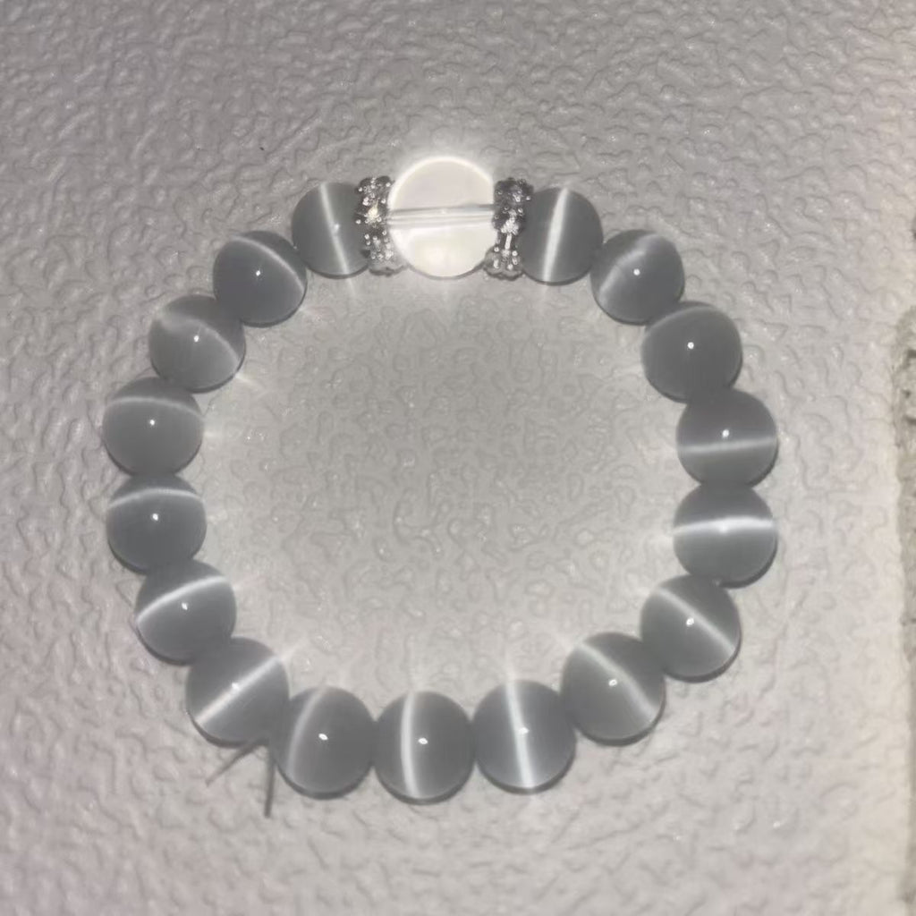 Grey Cat Eye Bead Stretch Bracelet, Minimal Gray Translucent Wrist Adornment