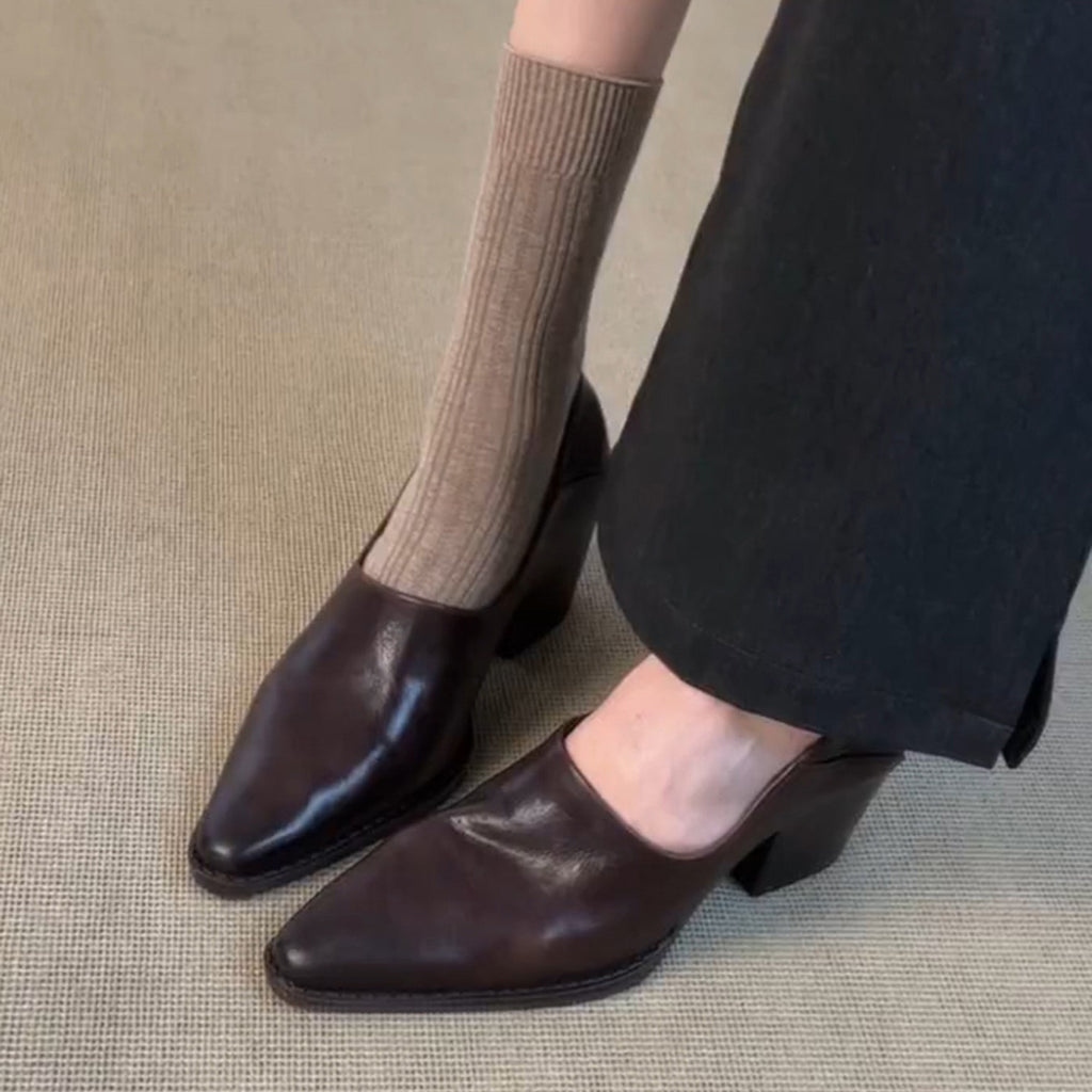 Women's Distressed Faux Leather Pointed Toe Block Heel Pumps, V-Cut Slip On Vintage Chunky Heel Dress Shoes, Black Dark Brown Retro Office Daily Pumps