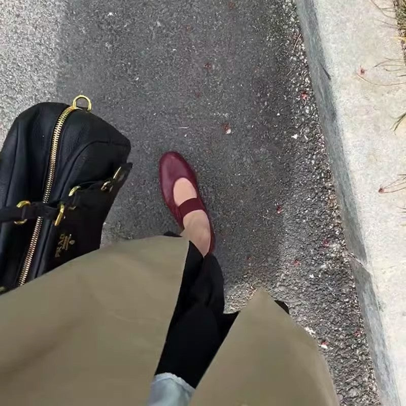 Burgundy Mary Jane Ballet Flats, Elastic Strap Round Toe Soft Leather Women Flat Shoes, Vintage Slip‑On Daily Dress Shoes