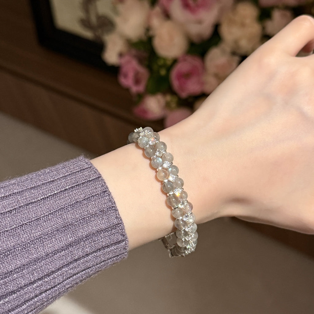Double‑Strand Grey Translucent Beaded Bracelet, Rhinestone Buckle Metal Clasp Bracelet for Women