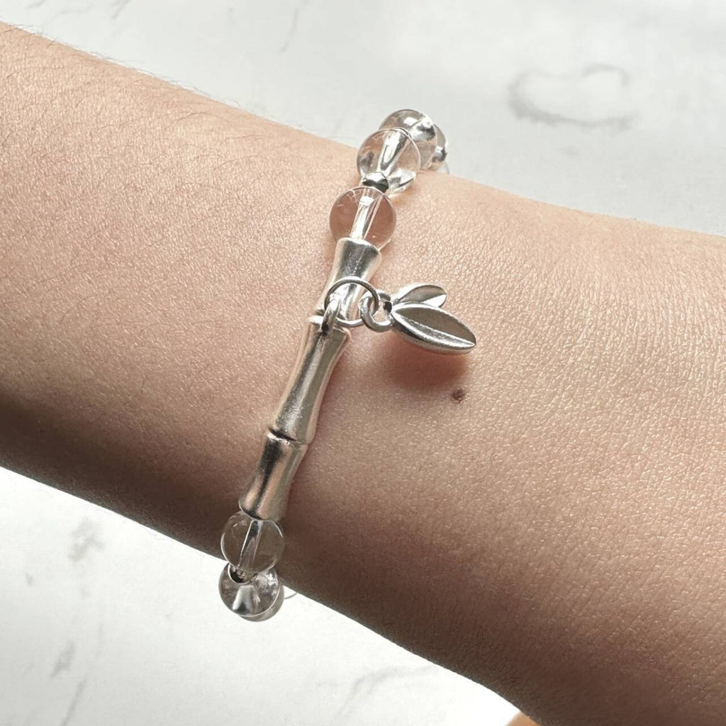 Solid Silver Bamboo Shape Clear Crystal Beaded Stretch Bracelet Leaf Charm Elegant Women Jewelry