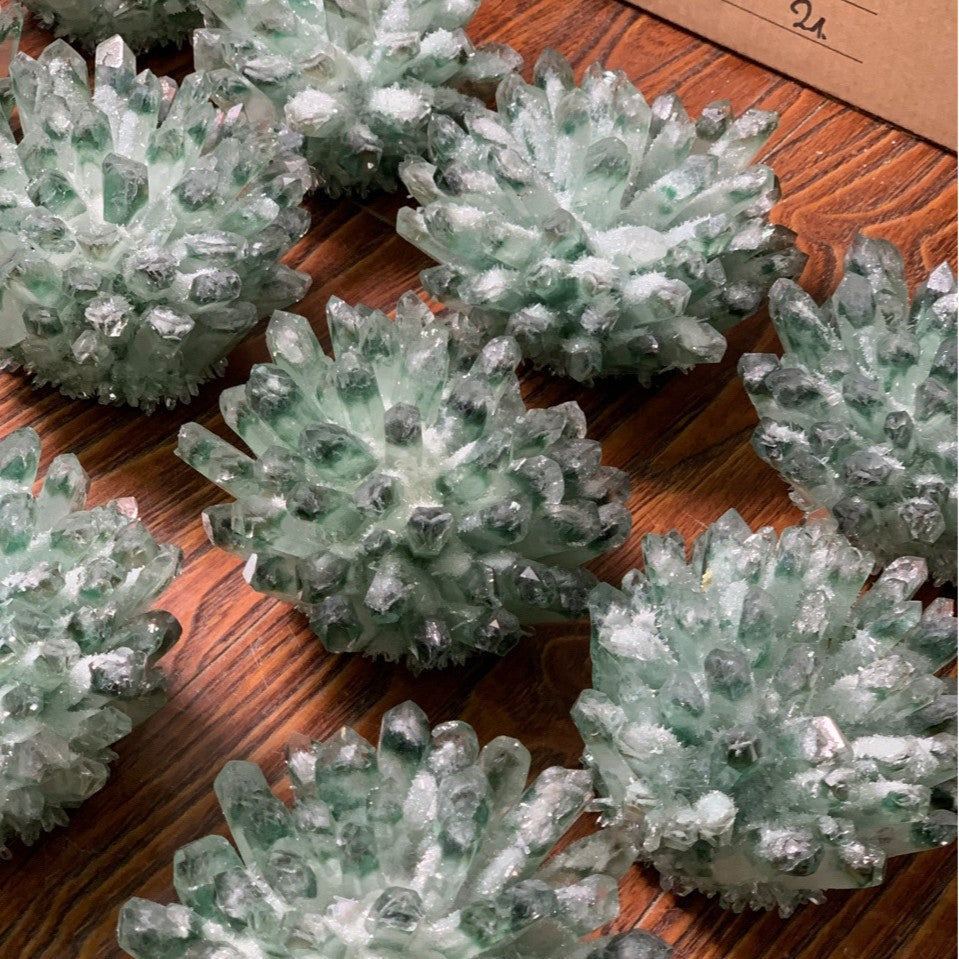 Green Phantom Quartz Crystal Cluster, Decorative Mineral Geode Specimen for Table Display & Collection
