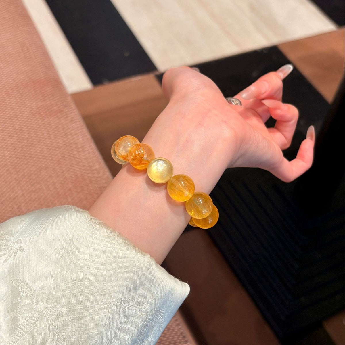 Gradient Warm Golden‑Yellow Round Bead Stretch Bracelet, Large Size Mixed Tone Beaded Bracelet For Women