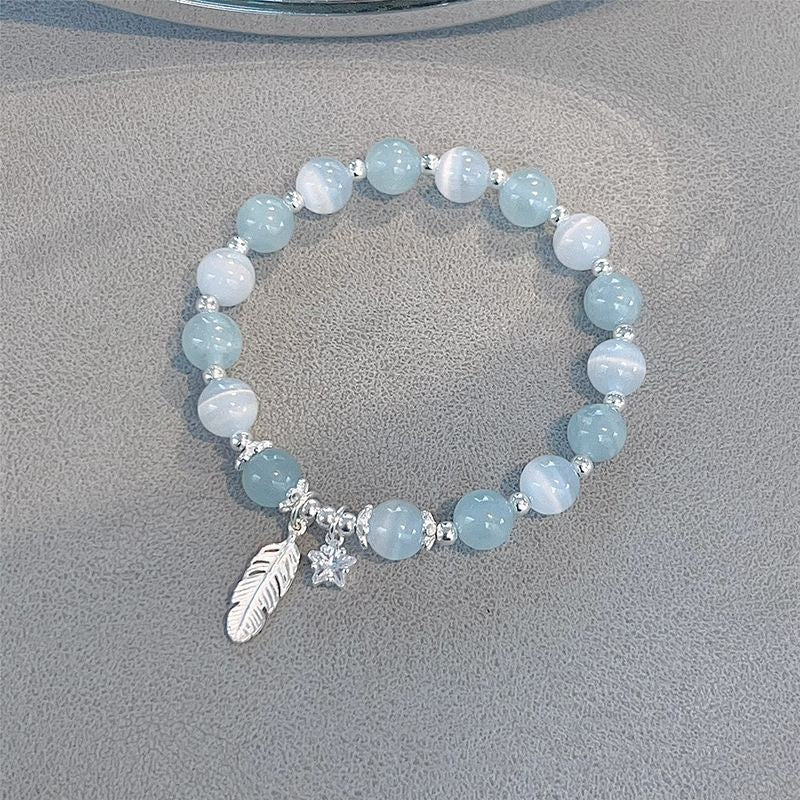 Light Blue Cat Eye Bead Stretch Bracelet, Silver Feather & Star Charm Dainty Beaded Bracelet for Women
