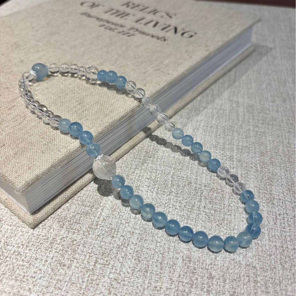 Soft Sky Blue Round Bead Stretch Bracelet, Clear Crystal Focal Bead Mixed Transparent Beaded Bracelet for Women
