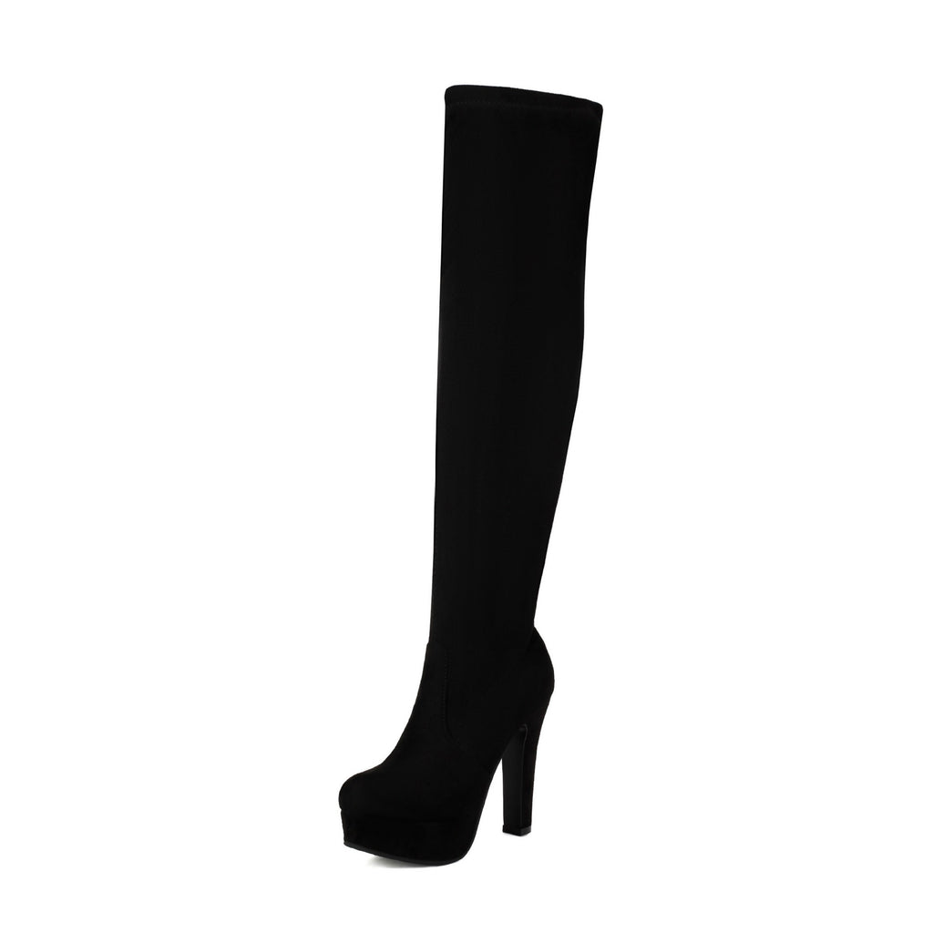 Women's Faux Suede Over‑The‑Knee Platform Thigh High Boots, Stretch Slim Fit Chunky Block Heel Long Boots, Side Zipper Nightclub Party Heeled Boots