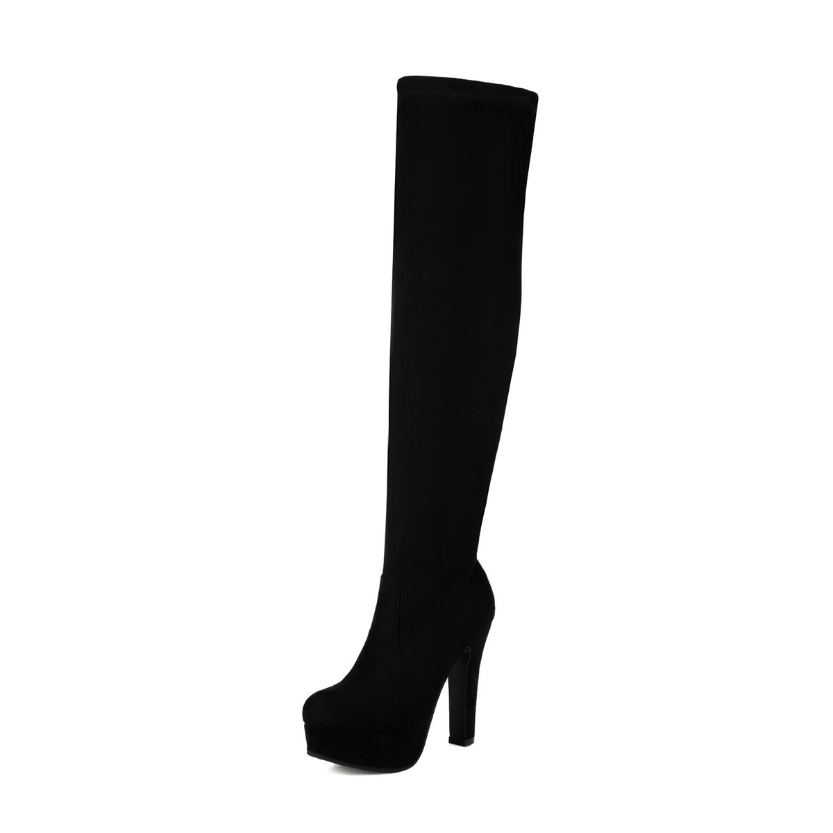 Women's Faux Suede Over‑The‑Knee Platform Thigh High Boots, Stretch Slim Fit Chunky Block Heel Long Boots, Side Zipper Nightclub Party Heeled Boots
